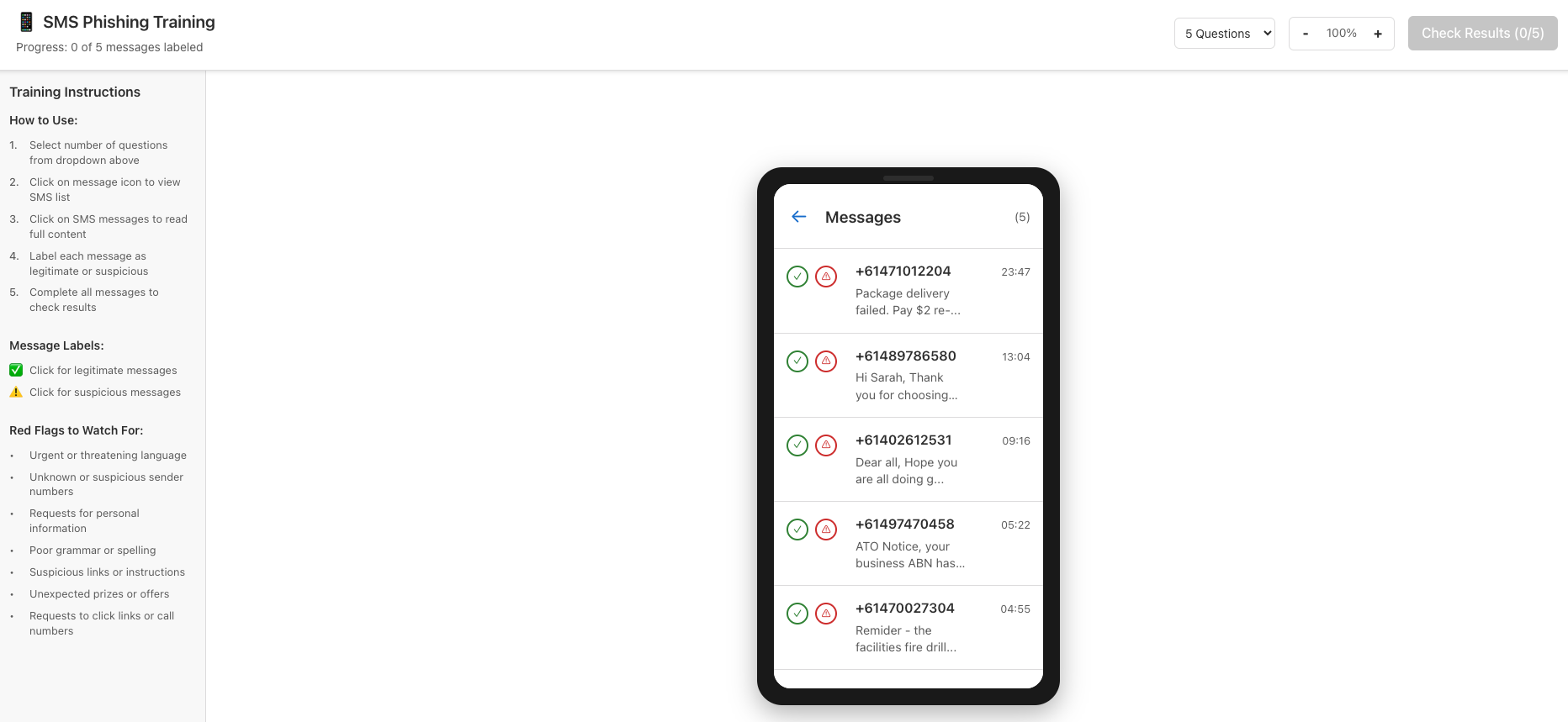 SMS Phishing Training Interface